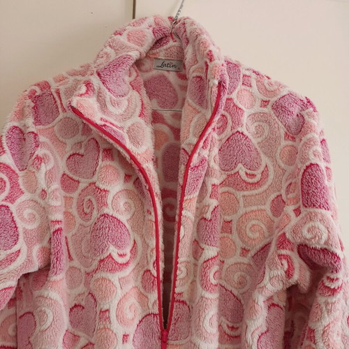 Fleece robe jacket like new, white and pink, size S