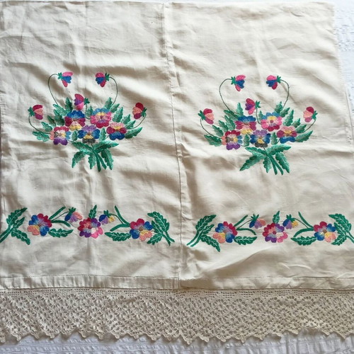 Linen pillowcase with handmade embroidery and lace like new