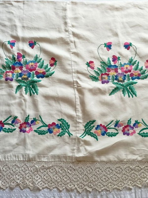 Linen pillowcase with handmade embroidery and lace like new