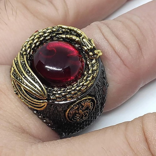 Blood Dragon's Eye Gothic men's ring, bronze with red stone and dragon relief