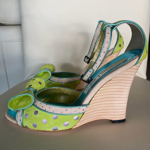 Christian Lacroix suede platform sandals like new, green with turquoise and gray details