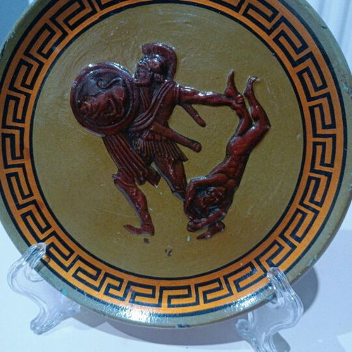 Handmade carved clay plate like new with ancient representation 19x19