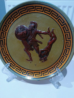 Handmade carved clay plate like new with ancient representation 19x19