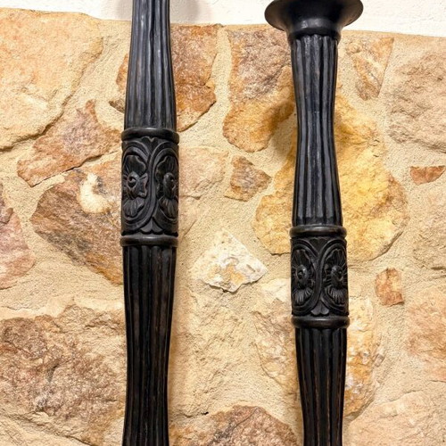 Set of 2 wooden floor candlesticks used, vintage neoclassic style