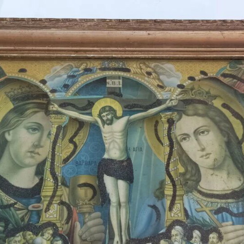 Vintage religious icon composition Saint Catherine Saint Barbara Crucifixion Dormition