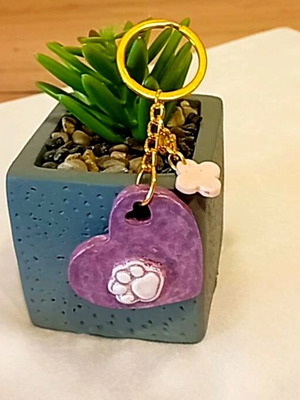 Handmade ceramic heart keychain with paw new, purple and gold