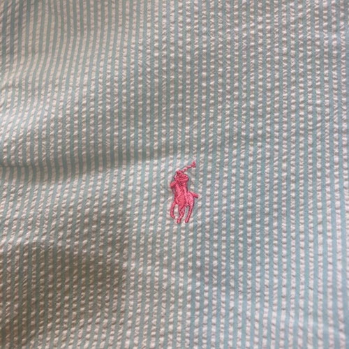 Ralph Lauren Short Sleeve Shirt XL Oxford Light Blue White Pinstripe Pink Logo