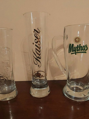 Collectible beer glasses like new, set of 3 Mythos, Kaiser, Carlsberg