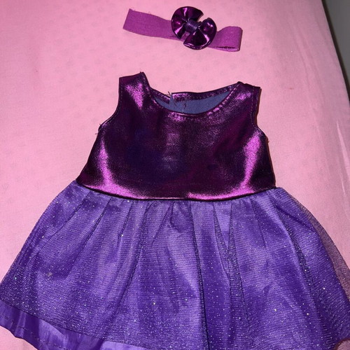 Doll dress with hair ribbon set used, satin and glitter tulle