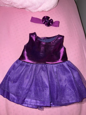 Doll dress with hair ribbon set used, satin and glitter tulle