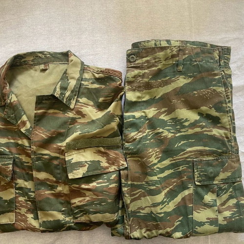 Greek Army Camouflage Clothing used, BDU set, wool sweater, M-65 jacket, campaign bag