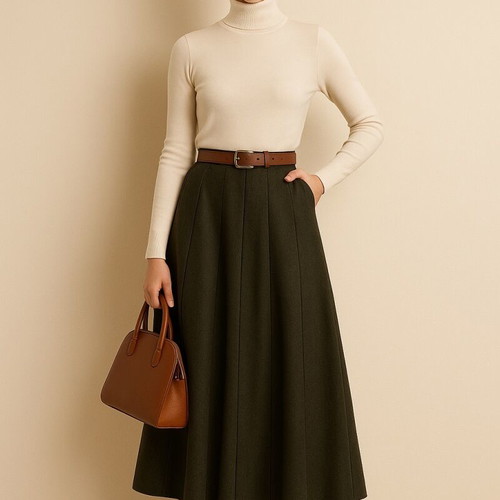 Long pleated skirt in dark khaki wool fabric like new