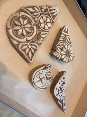 Wooden carved block stamps set of 4 used, floral and bird designs