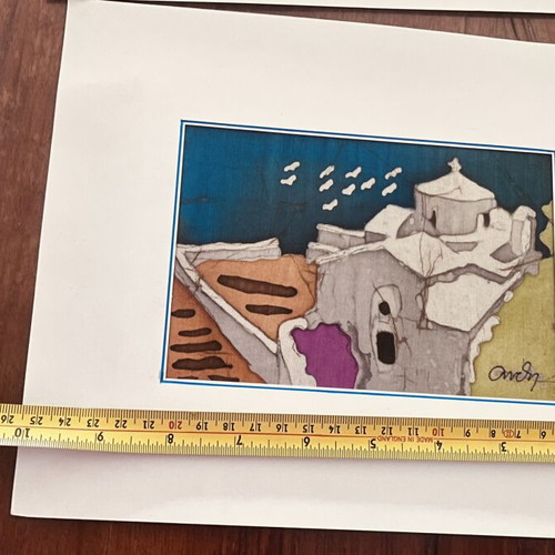 Silk paintings by Anthi Chatzinikolaou new, set of 4 with island blue theme