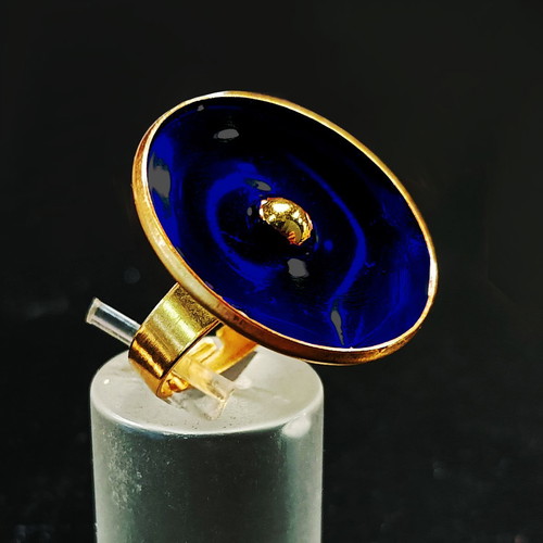 Adjustable ring new, steel, gold color with blue enamel
