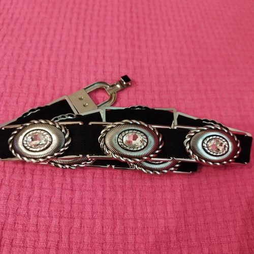 Elastic black belt with metal decorations and crystals, new