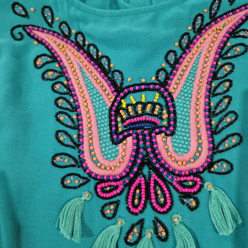 Monsoon women's turquoise embroidered tunic top with rhinestones, like new, size L