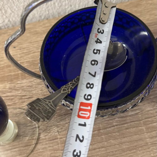 Cobalt blue glass set used with English sugar bowl