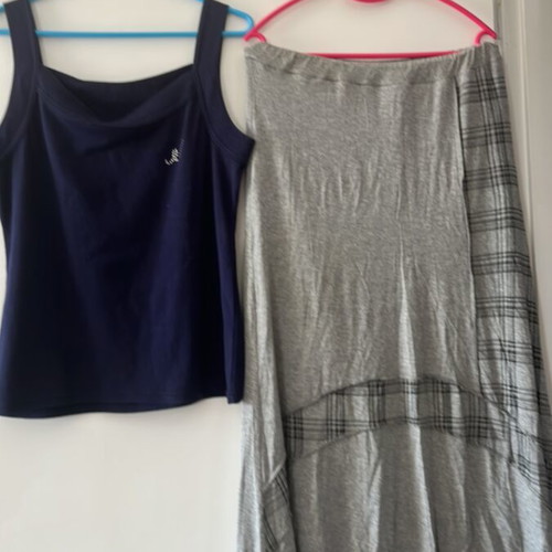 Skirt and blouse set used, size L-XL, grey and blue