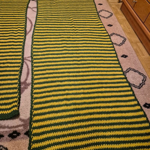 Handmade wool knitted rugs green and mustard, like new, set of 2