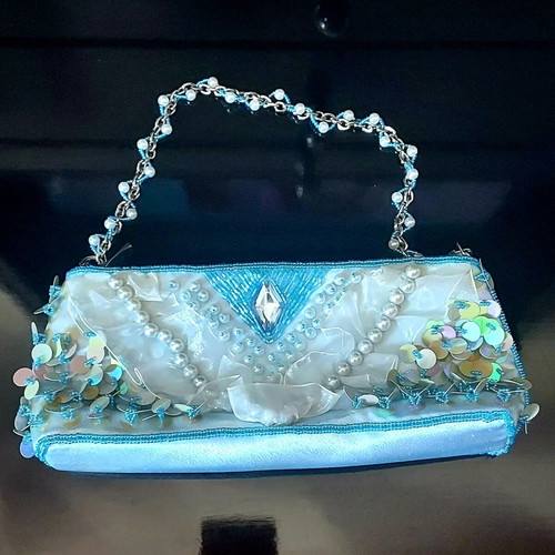Evening shoulder bag satin blue turquoise like new