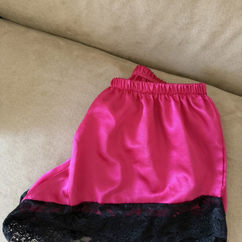 Lingerie bottom, pink satin with black lace