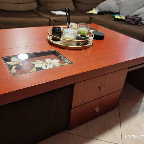 Coffee table used, cherry color MDF with drawers and stools