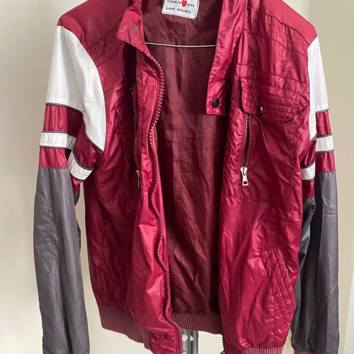Retro Biker Racer Windbreaker Jacket Frankie Loves You used, burgundy colorblock, M