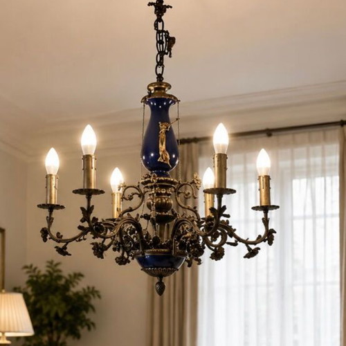 Antique bronze and porcelain Faience chandelier with satin fabric shades