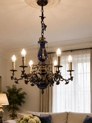 Antique bronze and porcelain Faience chandelier with satin fabric shades