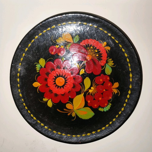 Wooden lacquered plate with flowers vintage, used, USSR