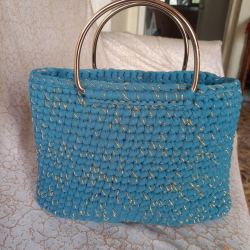 Handmade tulle bag in turquoise with gold handles