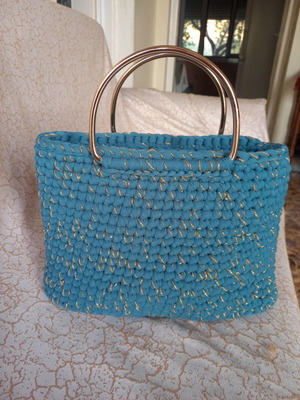Handmade tulle bag in turquoise with gold handles