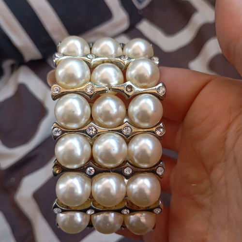 Bracelet with pearls used, elastic cuff with vintage rhinestones