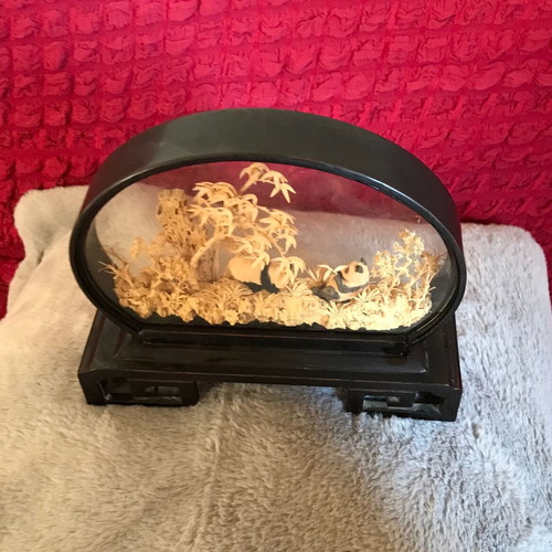 Vintage Chinese Cork Diorama with Pandas in Glass Case
