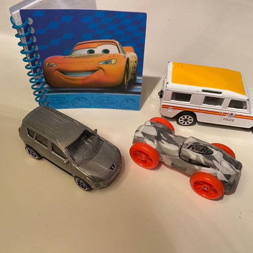 Set of used metal cars and nerf with MacQueen notebook gift
