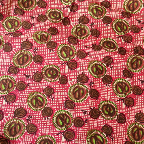 Vintage cotton fabric in fuchsia, lime green and brown, like new, 4m