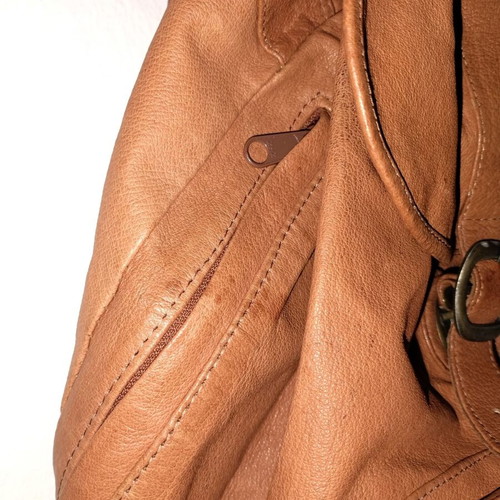 Leather backpack used, brown, side zipper and front strap
