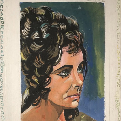 Painting by Gr. Psarakos like new, oil on wood with Elizabeth Taylor