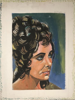 Painting by Gr. Psarakos like new, oil on wood with Elizabeth Taylor
