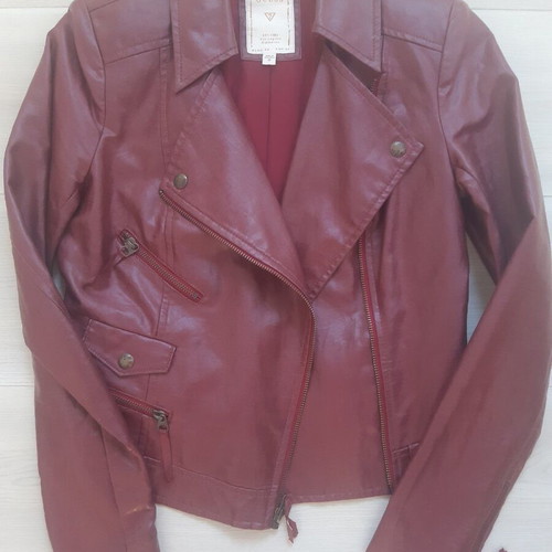 Guess jacket with coated fabric, cherry color