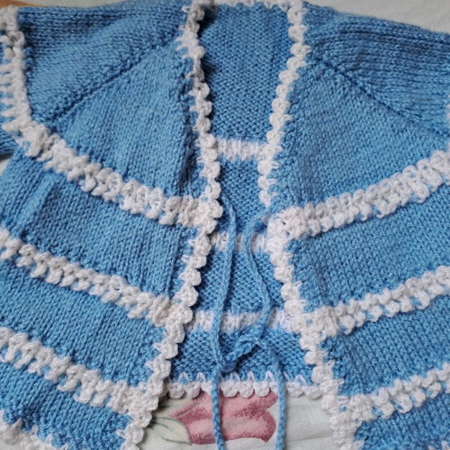 Handmade baby set with cardigan, shirt and booties, white and blue