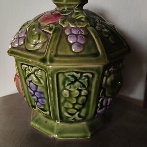 Vintage Japanese ceramic covered jar Majolica style
