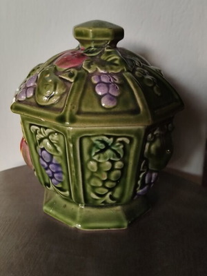 Vintage Japanese ceramic covered jar Majolica style