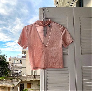 ροζ βελουτε κοντή κοντομάνικη μπλούζα