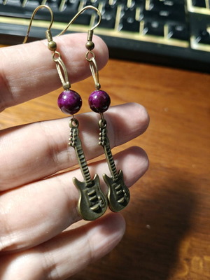Guitar earrings new with bronze electric guitars and purple jasper bead