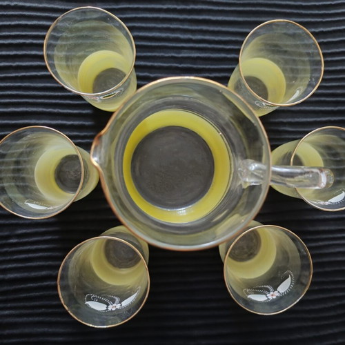 Water pitcher with 6 glasses like new, glass from 1920