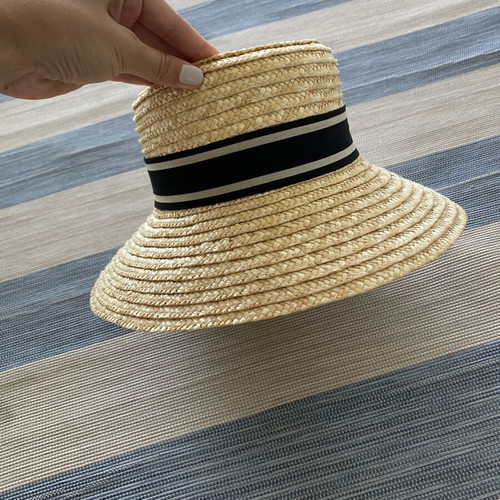Women’s Straw Rattan Hat with Ribbon CCC like new, size L, beige and black
