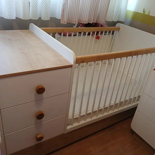 Cilek Convertible Baby Cot with Changing Table, 2 Mattresses & Baby Set like new