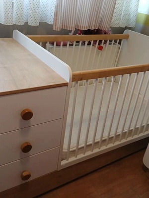 Cilek Convertible Baby Cot with Changing Table, 2 Mattresses & Baby Set like new